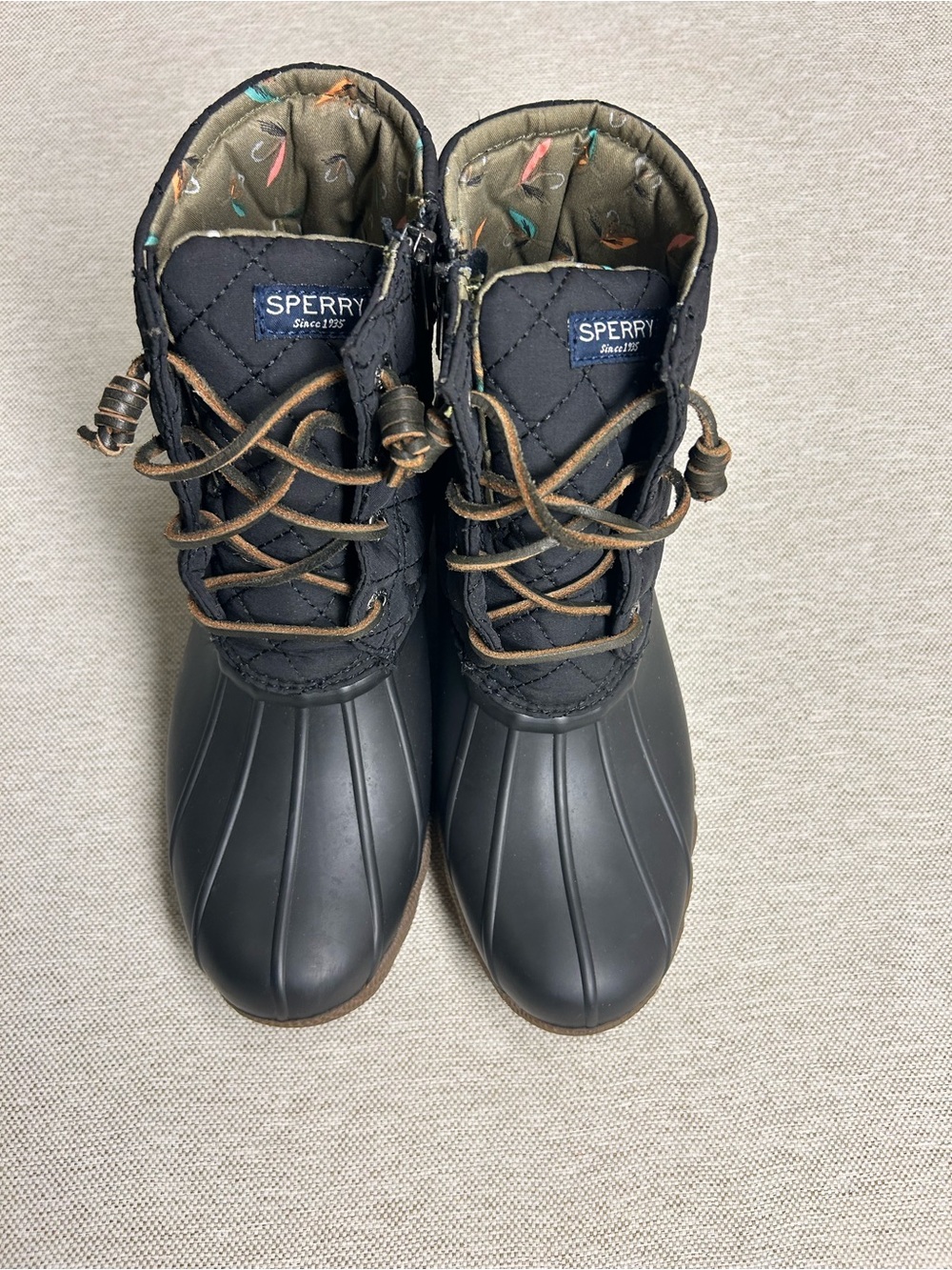 Sperry Olive Quilted Interior Boots with Multicolor Accents